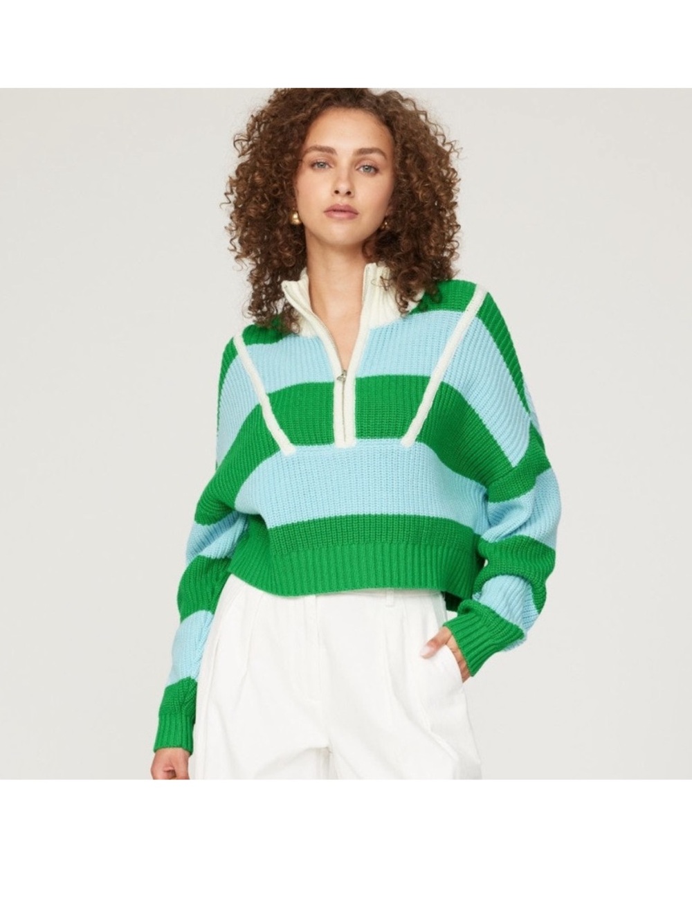 STAUD Hampton Sweater 
Striped Half-Zip Cropped Sweater in Green & Light Blue